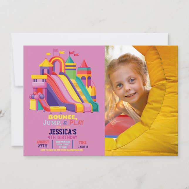 Invitation Bouncy Castle Anniversaire Photo Bounce Pink (Devant)