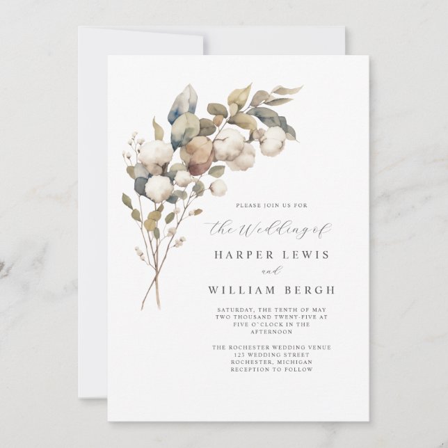 Invitation Bouqet aquarelle moderne coton qr code mariage (Devant)