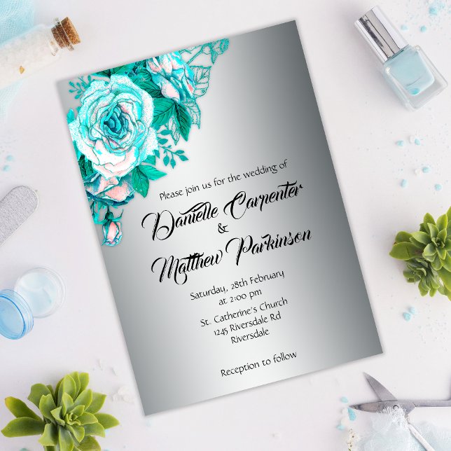 Invitation Bouquet Aqua Rose sur Mariage Argent (Créateur téléchargé)