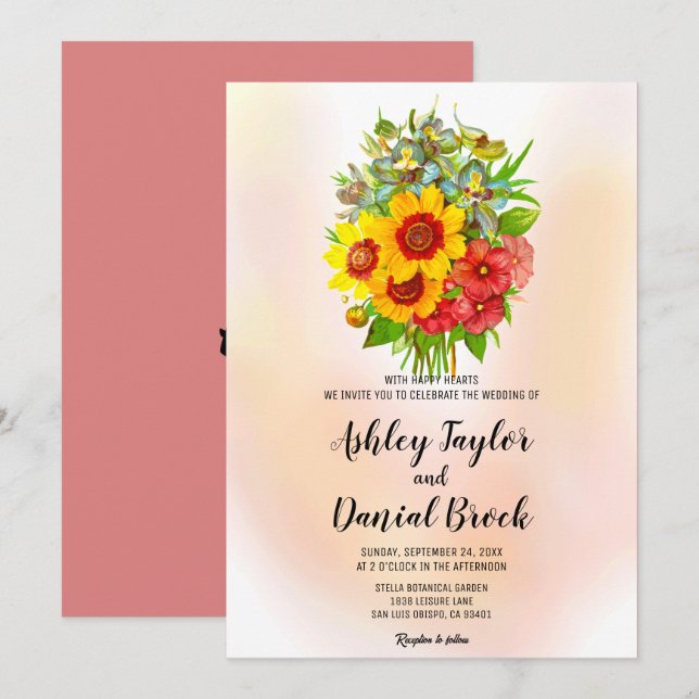 Invitation Bouquet aquarelle rose pâle tournesol Mariage En (Devant / Derrière)