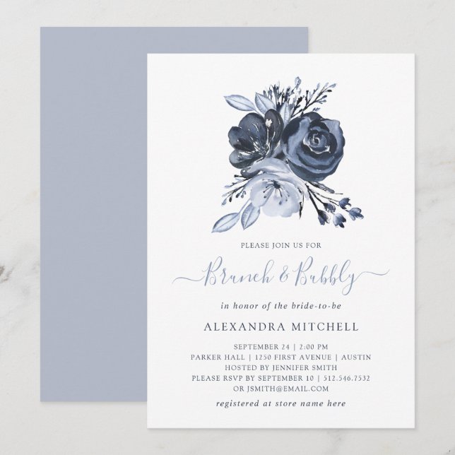 Invitation Bouquet bleu | Aquarelle Floral Brunch et Bubbly (Devant / Derrière)