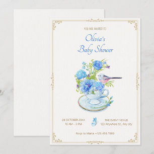 Invitation Bouquet bleu baby shower oiseau