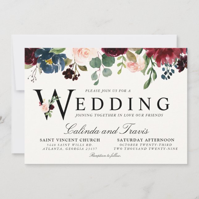 Invitation Bouquet Bourgogne | Floral | Typographie mariage (Devant)