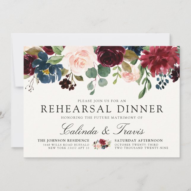 Invitation Bouquet Bourgogne | Répétition du diner de mariage (Devant)