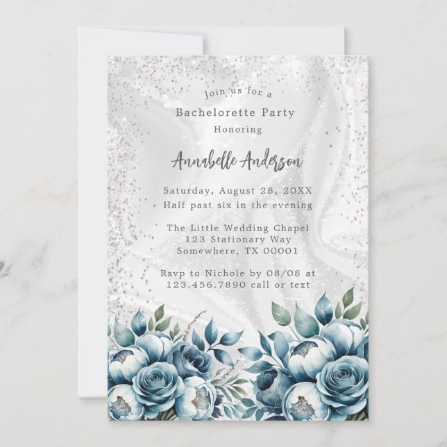 Invitation Bouquet d'argent bleu Dusty Bachelorette Party (Devant)