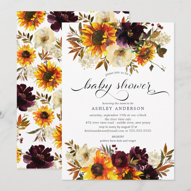 Invitation Bouquet d'automne Baby shower de tournesols (Devant / Derrière)