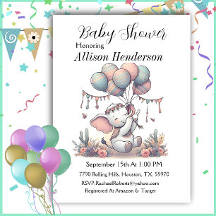 Invitation Bouquet De Balloon Et Baby shower D'Éléphant Adora