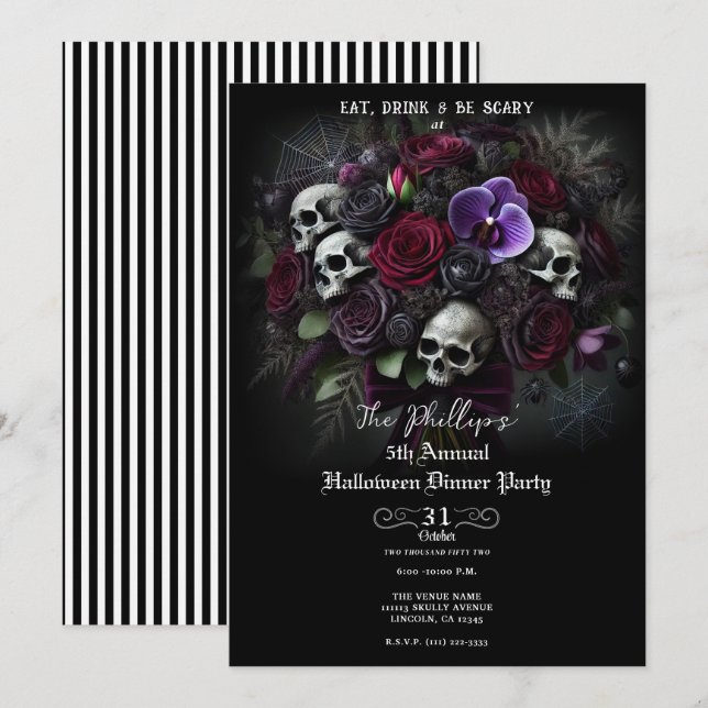 Invitation Bouquet de crâne floral Gothique Dîner d'Halloween (Devant / Derrière)