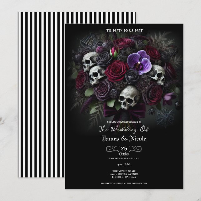 Invitation Bouquet de crâne floral Mariage d'Halloween gothiq (Devant / Derrière)