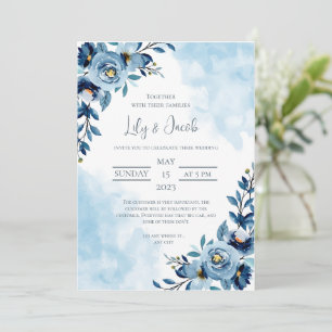 Invitation Bouquet de fleurs bleues aquarelles pour mariage 
