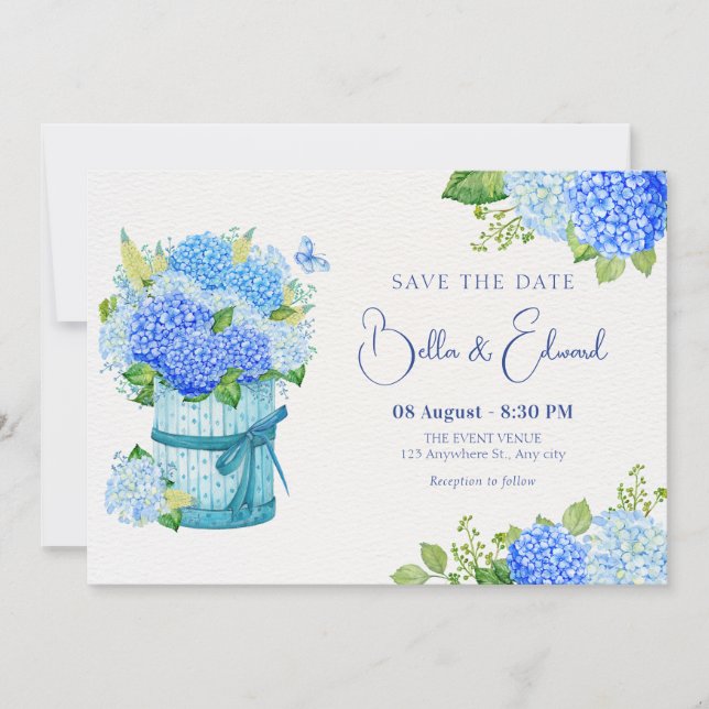 Invitation Bouquet de fleurs bleues mariage (Devant)
