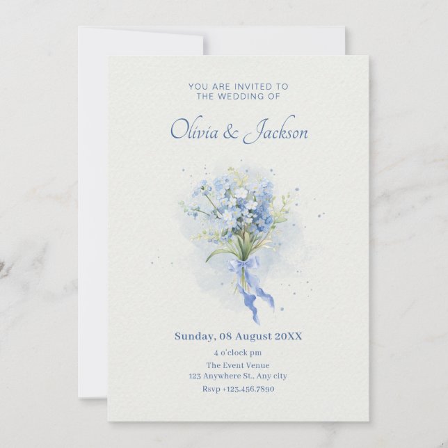 Invitation Bouquet de fleurs bleues mariage (Devant)