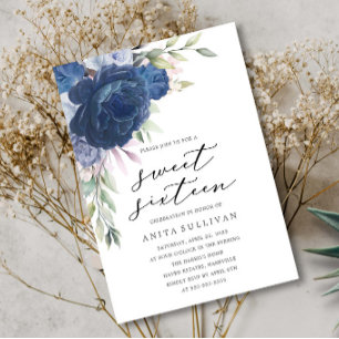 Invitation Bouquet de fleurs bleues Sweet sixteen 16 Annivers