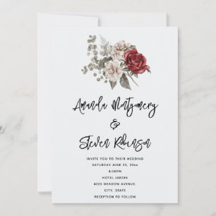 Invitation Bouquet de fleurs bohème roses rouges et crème Mar
