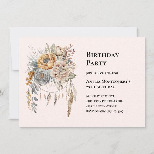Invitation Bouquet de fleurs Boho en couleurs neutres Anniver (Devant)