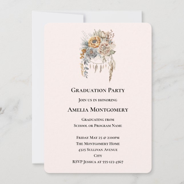 Invitation Bouquet de fleurs Boho en couleurs neutres Graduat (Devant)