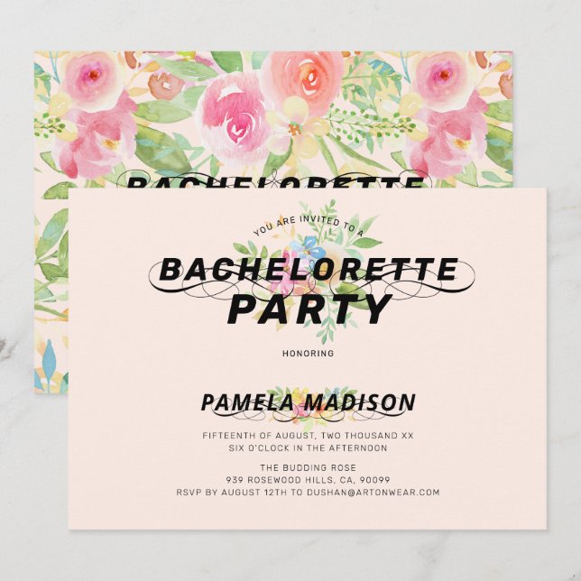 Invitation Bouquet de fleurs d'aquarelle et typographie moder (Devant / Derrière)