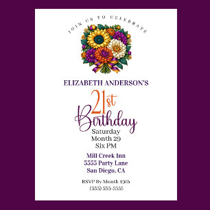 Invitation Bouquet de fleurs d'automne opulent pour 21 ans