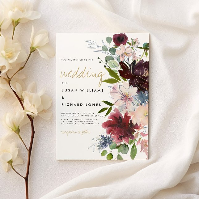 Invitation Bouquet de fleurs d'or rose bordeaux mariage blanc (Burgundy pink gold flower bouquet white wedding)