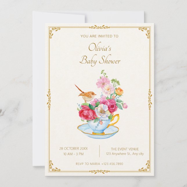 Invitation Bouquet de fleurs esthétique baby shower tasse de  (Devant)