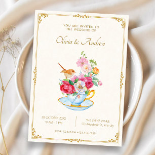 Invitation Bouquet de fleurs esthétique tasse à thé mariage
