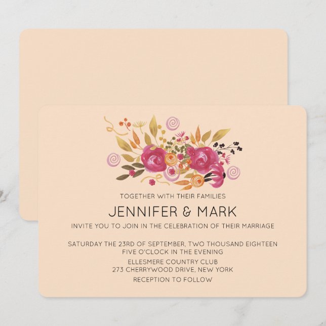 Invitation Bouquet de fleurs rose et orange sur Arrière - pla (Devant / Derrière)