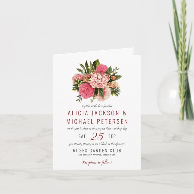 Invitation Bouquet de fleurs rose et rousse corail mariage (Devant)