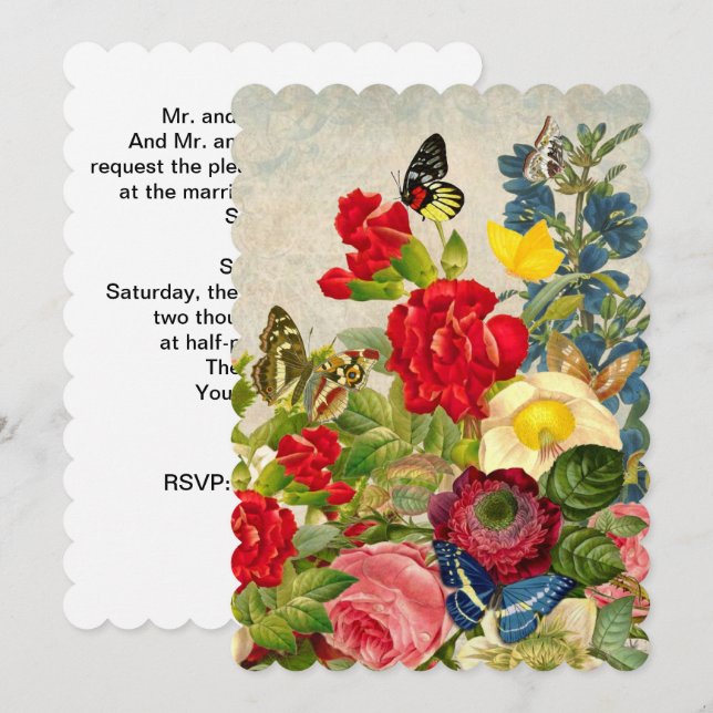 Invitation Bouquet de fleurs vintages aux papillons (Devant / Derrière)