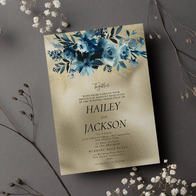 Invitation Bouquet de luxe indigo or botanique mariage floral (Luxury indigo gold botanic bouquet floral wedding )