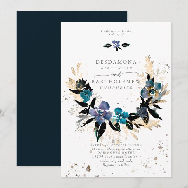 Invitation Bouquet de Mariage floral turquoise bleu (Devant / Derrière)
