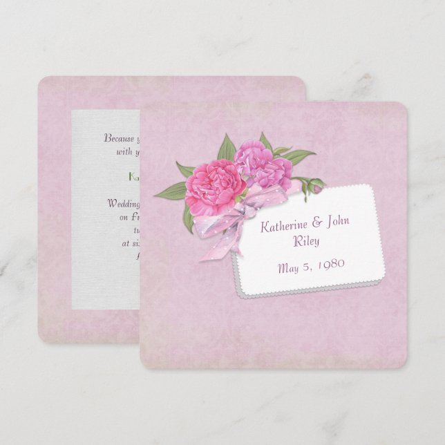 Invitation bouquet de pivoine rose avec ruban (Devant / Derrière)