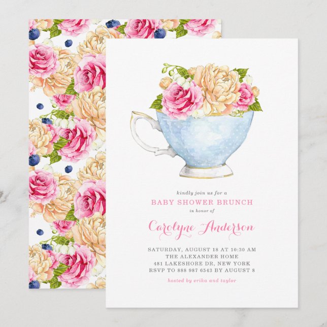 Invitation Bouquet de teacup d'aquarelle Baby shower de fleur (Devant / Derrière)