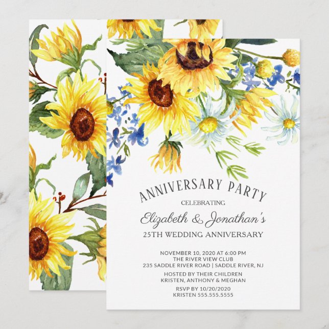 Invitation Bouquet de tournesol fête du 25e anniversaire (Devant / Derrière)