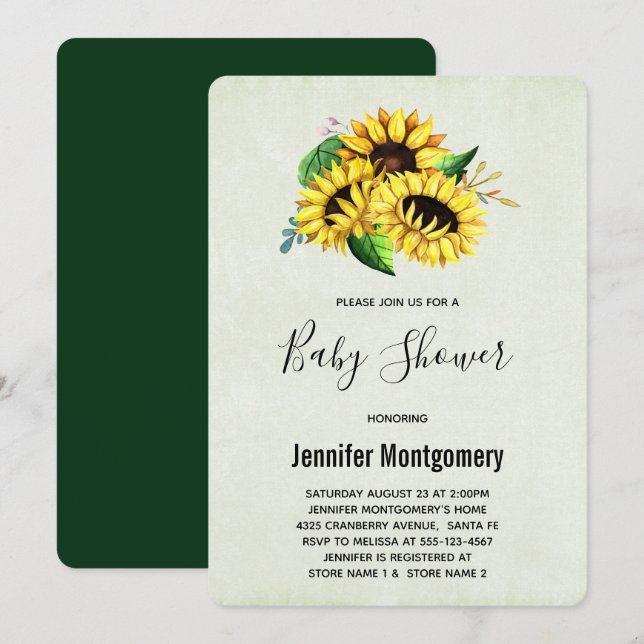 Invitation Bouquet de tournesol jaune dans Baby shower aquare (Devant / Derrière)