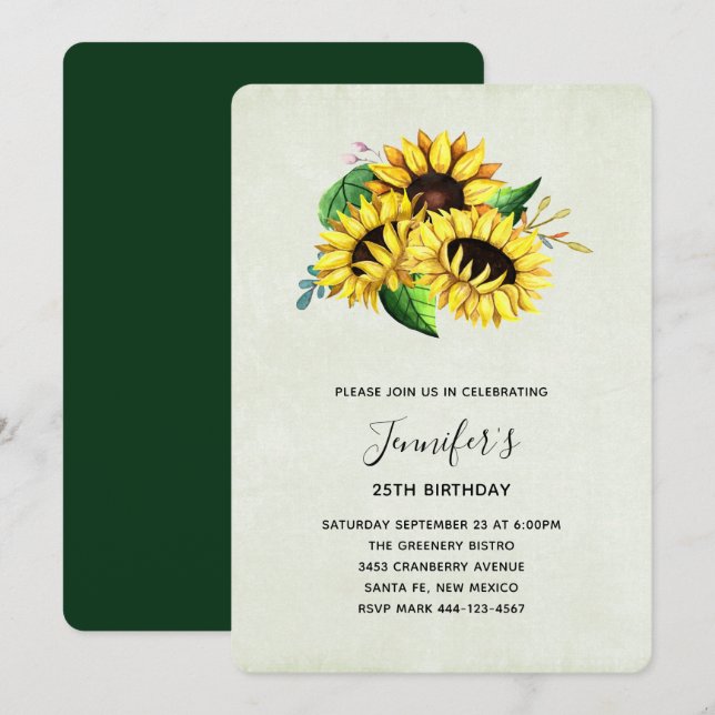 Invitation Bouquet de tournesol jaune en aquarelle Anniversai (Devant / Derrière)