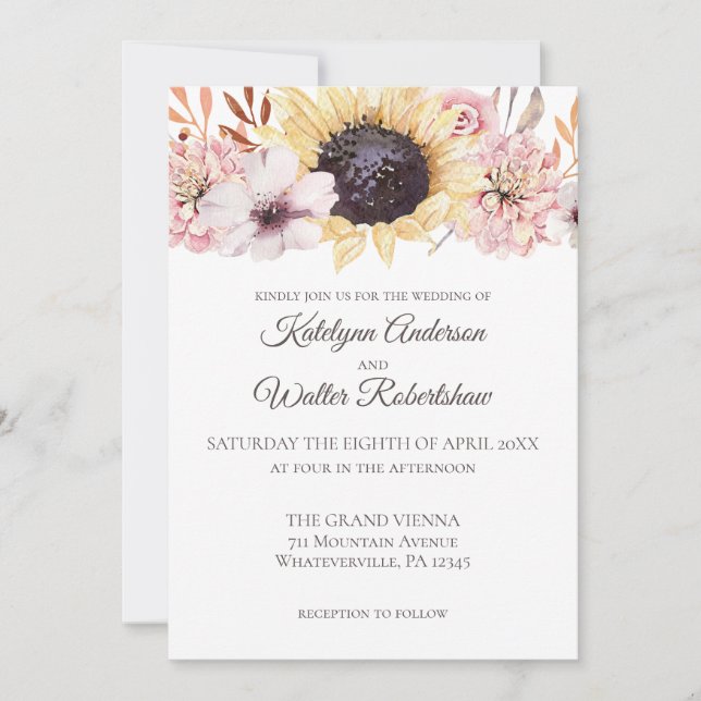 Invitation Bouquet de tournesol Mariage floral fin été (Devant)
