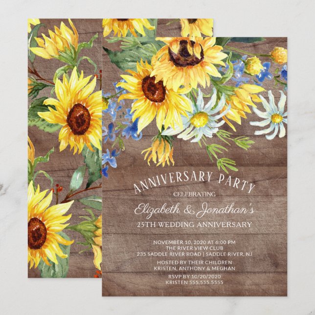 Invitation Bouquet de tournesols rustique pour fête d'anniver (Devant / Derrière)