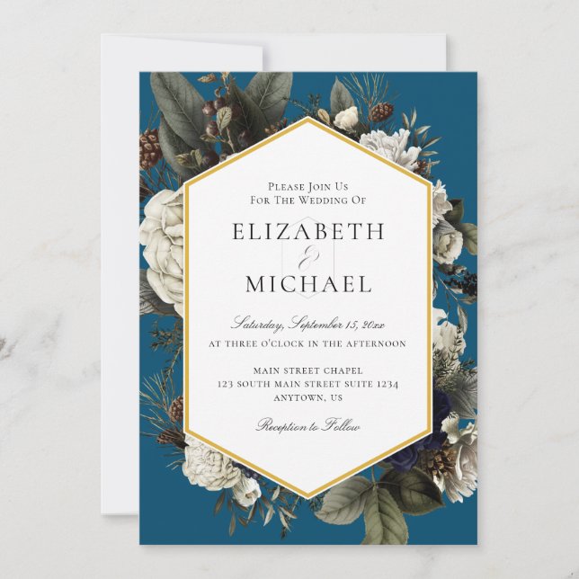 Invitation Bouquet d'hiver bleu ivoire Mariage de fleurs pein (Devant)