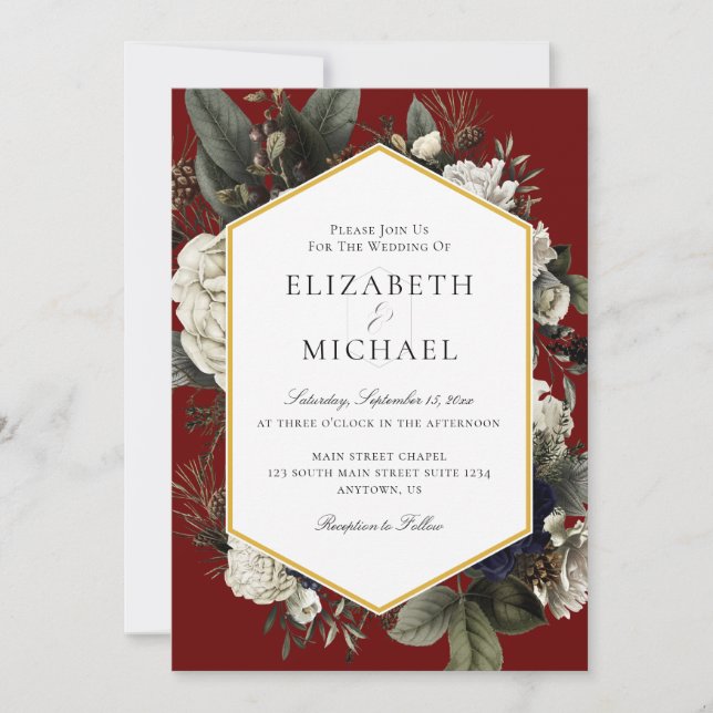 Invitation Bouquet d'hiver Bourgogne Mariage de fleurs peinte (Devant)