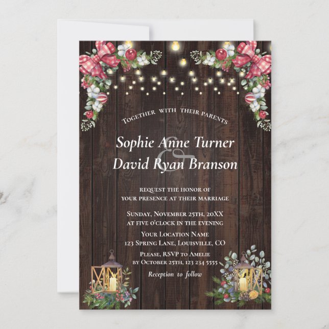 Invitation Bouquet d'hiver rustique En vichy Mariage Bow Wood (Devant)