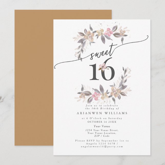 Invitation Bouquet d'or Chute rose Sweet 16 (Devant / Derrière)