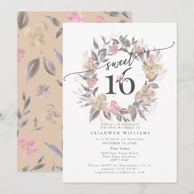 Invitation Bouquet d'or roux rose d'automne Sweet 16 (Devant / Derrière)