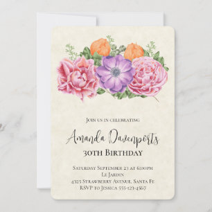 Invitation Bouquet Élégant de Fleurs Aquarelles pour Annivers