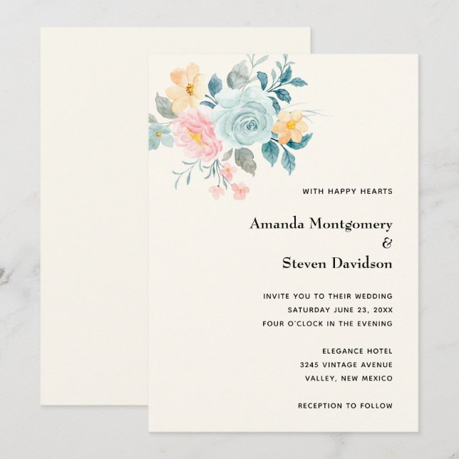 Invitation Bouquet élégant rose et bleu - Mariage (Devant / Derrière)