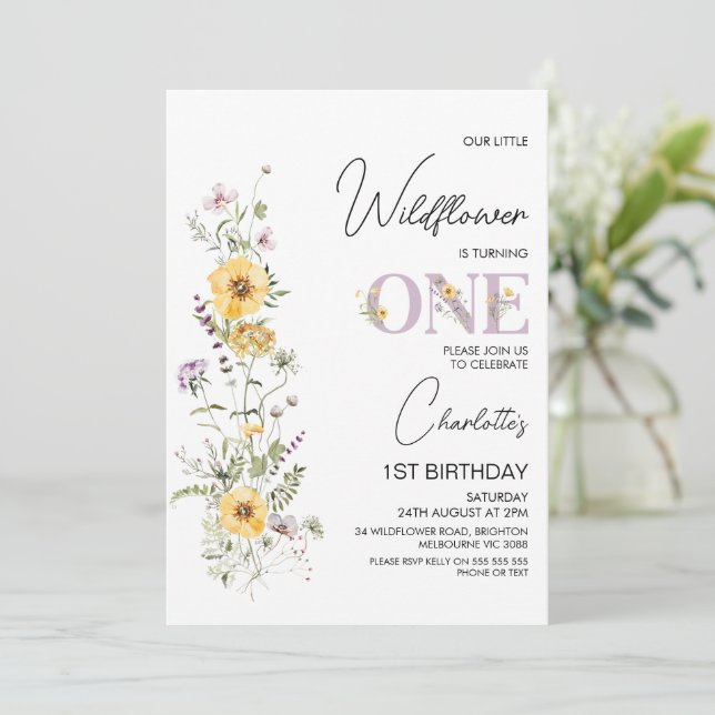 Invitation Bouquet Fleur sauvage jaune pourpre 1er anniversai (Debout devant)