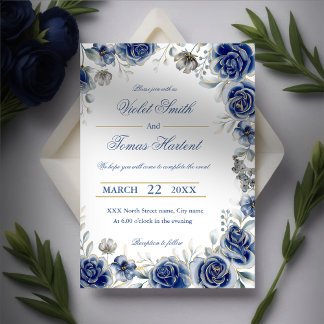 Invitation Bouquet floral aquarelle bleu marine mariage