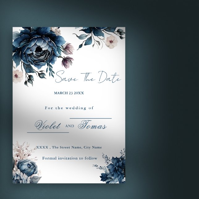 Invitation Bouquet floral aquarelle bleu marine Save The Date (Créateur téléchargé)