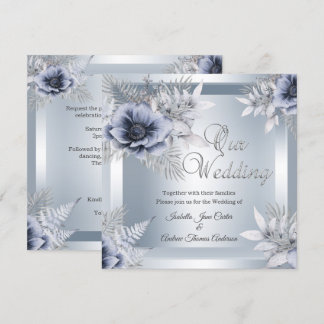 Invitation Bouquet Floral Bleu Argent de Mariage d'Automne