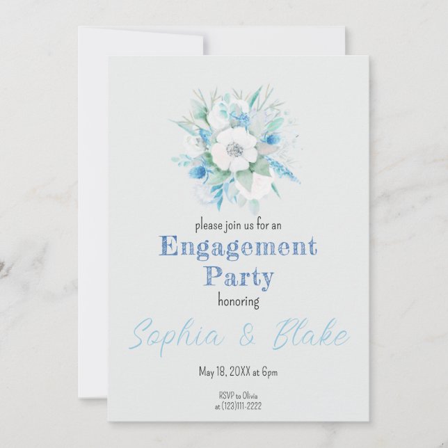 Invitation Bouquet floral bleu et blanc Fête de fiançailles g (Devant)