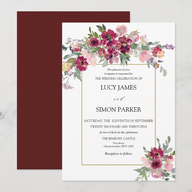 Invitation Bouquet floral bordeaux avec cadre doré (Devant / Derrière)